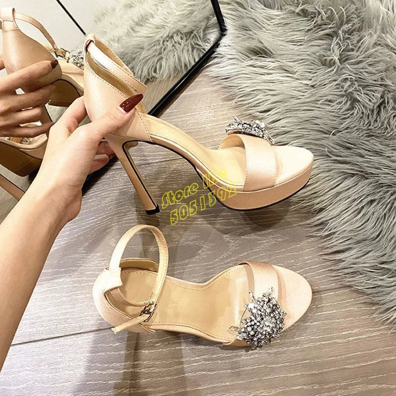 Platform Satin Nude Black Crystal Sandals Open Toe Ankle Buckle Strap Thin High Heel Runway 2026 Summer Spring Women Dress Shoes