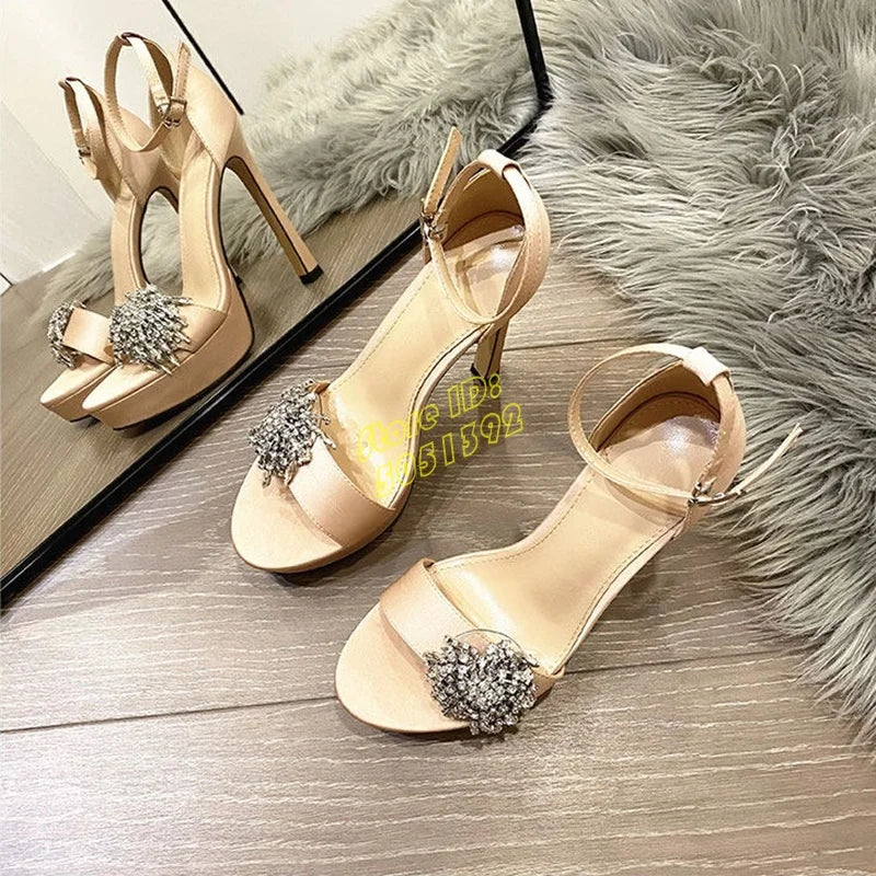 Platform Satin Nude Black Crystal Sandals Open Toe Ankle Buckle Strap Thin High Heel Runway 2026 Summer Spring Women Dress Shoes