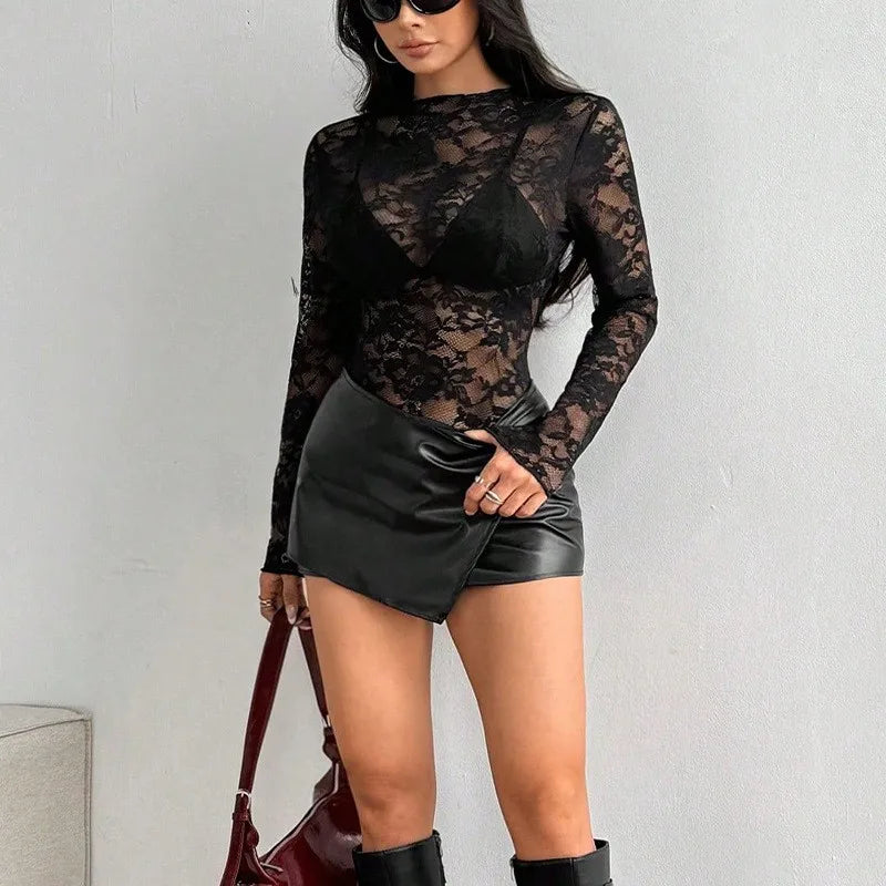 Fall Women's Clothing Long Sleeve Lace Blouse Slim Fit Sheer Rose Jacquard Neck Elegant Vintage Style