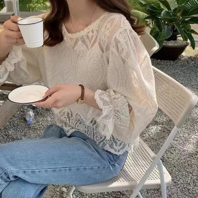 Women's Elegant Lace Blouse, Round Neck 3/4 Sleeve Ruffle Cuff Sheer Embroidered Top, Casual Daily Vacation Wear