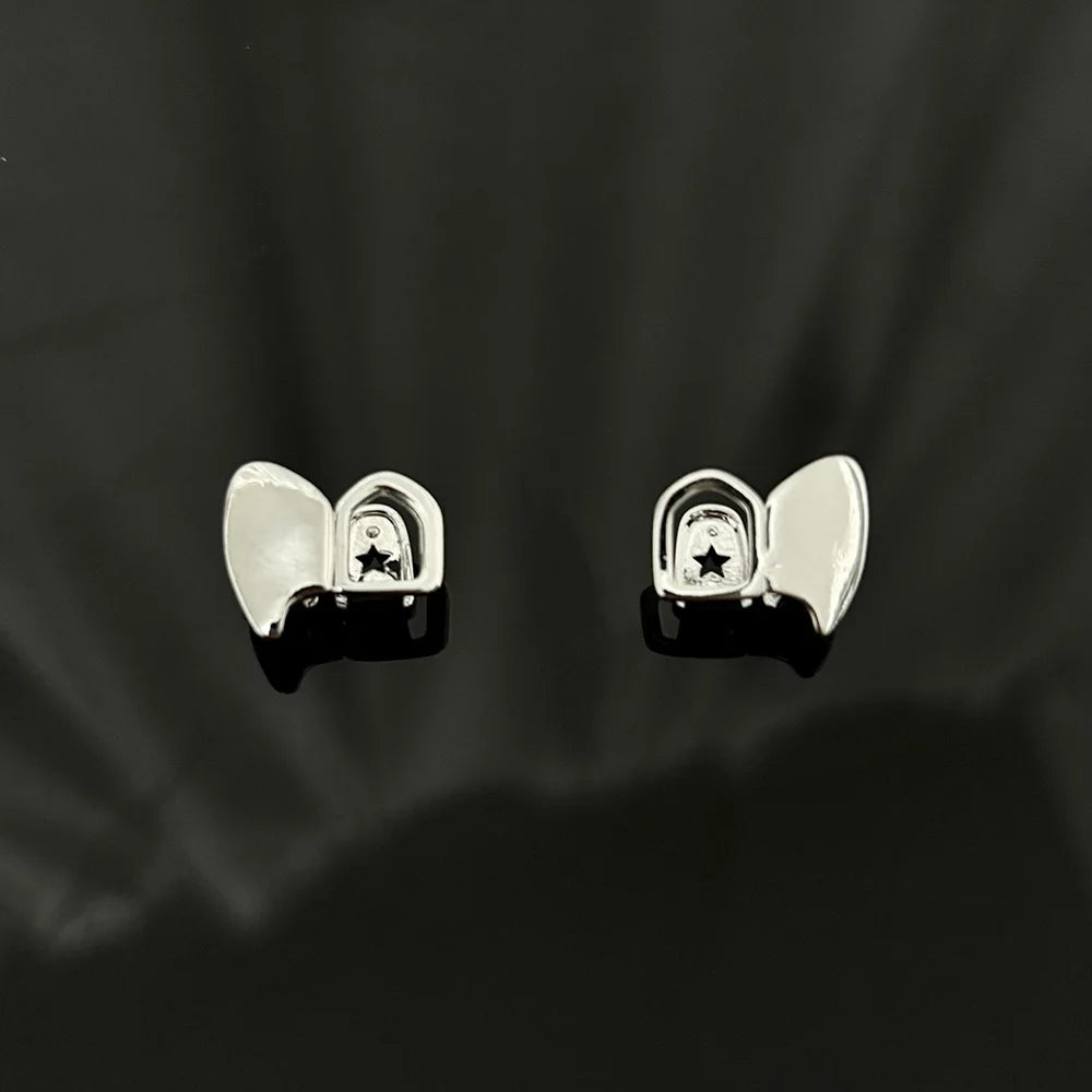YOUNGX Hip Hop Double Hollow Glossy Tooth Caps For Women Men Jewelry Vintage Mouth Teeth Grills Halloween Vampire Cosplay Gift