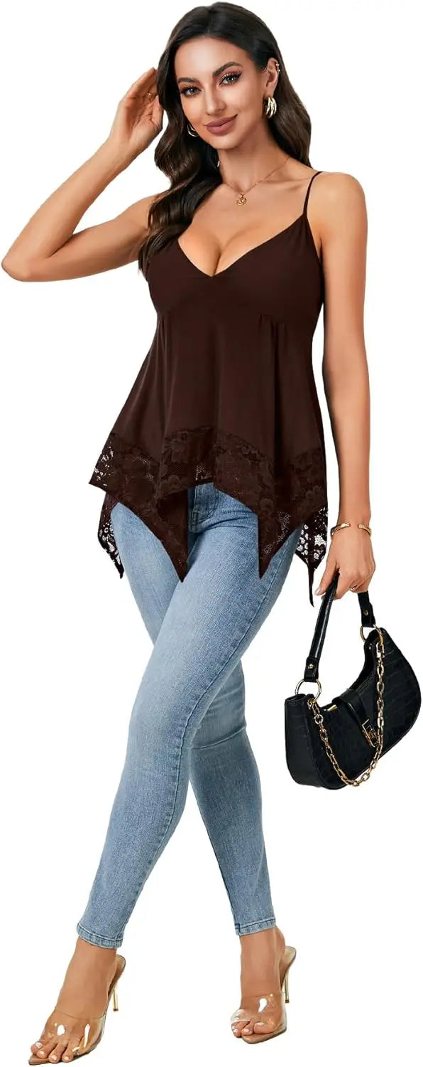 Women's Lace Peplum Tank Tops Deep V Neck Sleeveless Asymmetrical Babydoll Tops