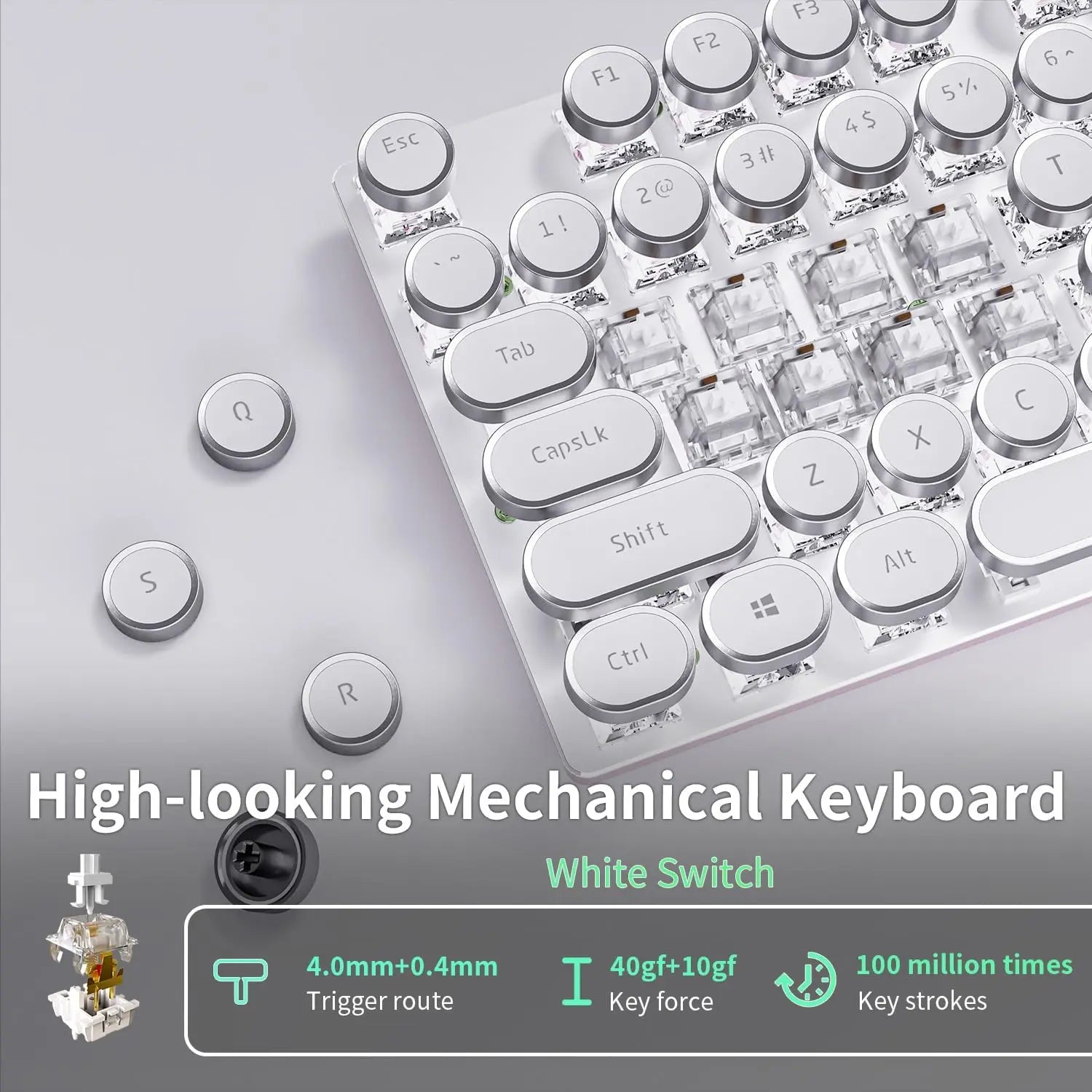 EWEADN Wired Mechanical Keyboard, Retro White Typewriter Style, Full-Size, LED Backlit, Knob Control, Ergonomic for Office &