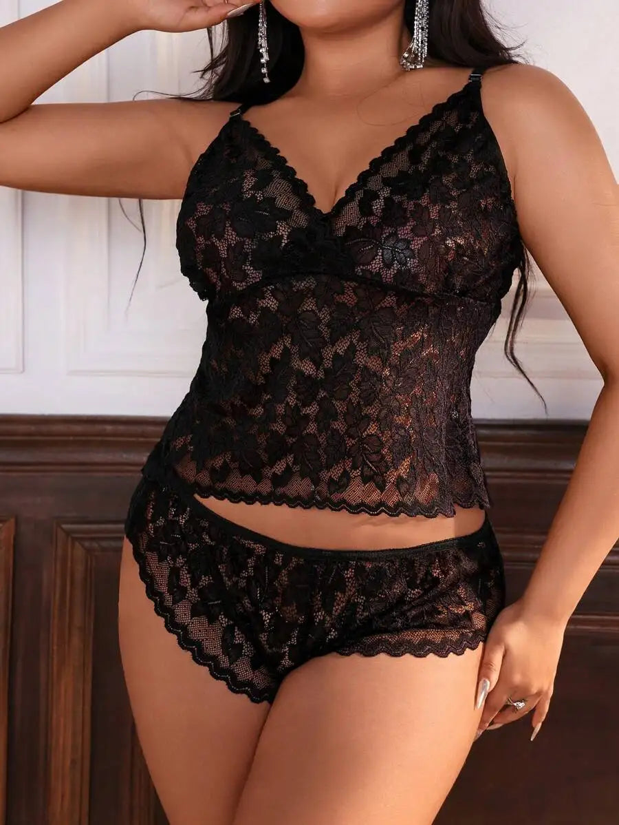 Black Lace Plus Size Sheer Bodysuit with Floral Patchwork and V-Neck Design
