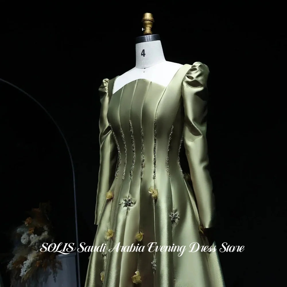 SOLIS Sage Green Prom Dress Long Puff Sleeve Evening Dress with Beaded Corset 3D Appliqué Satin A-Line Party Dress Customized