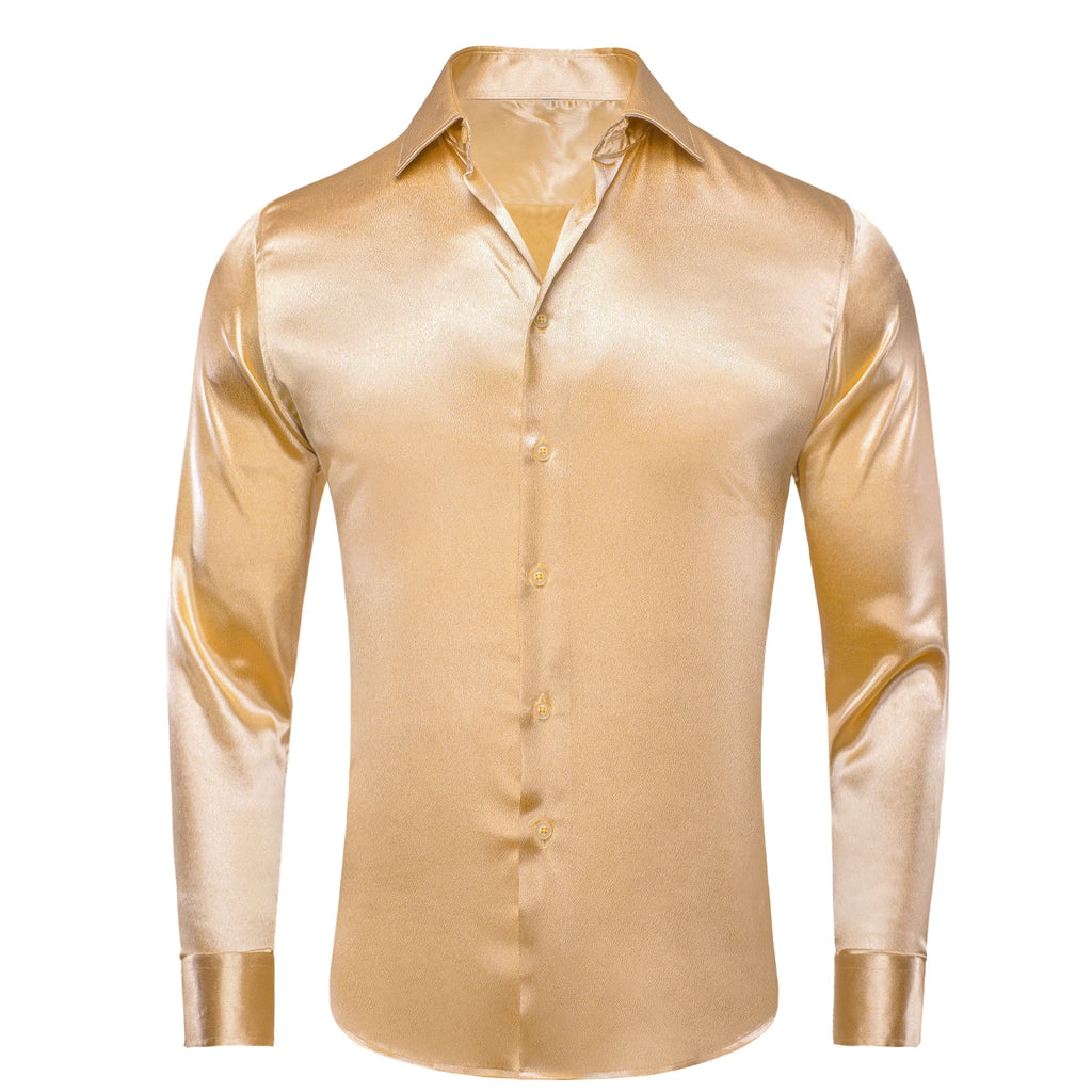 Hi-Tie Plain Satin Silk Mens Dress Shirts Long Sleeve Suit Shirt Casual Formal Blouse Pure Solid Rose Gold Peach Pink Mint White