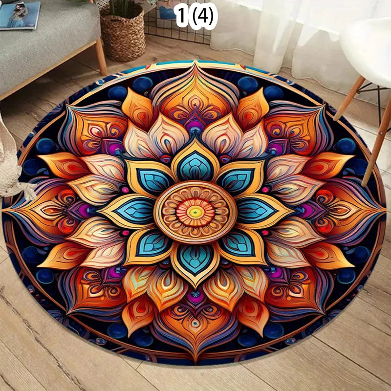 Colorful 2D Mandala Mystery Chakra Print Round Rug Meditation and Yoga Machine Washablefor Bedroom and Living Room  Home Rug
