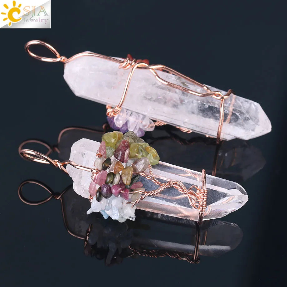 Natural Gem Stone Rock Crystal Pendant Reiki Chakra Tree of Life Handmade Wire Wrapped Clear Quartz Pendant for Necklace F517