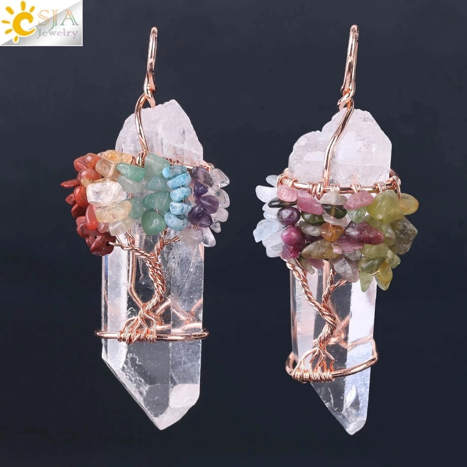 Natural Gem Stone Rock Crystal Pendant Reiki Chakra Tree of Life Handmade Wire Wrapped Clear Quartz Pendant for Necklace F517