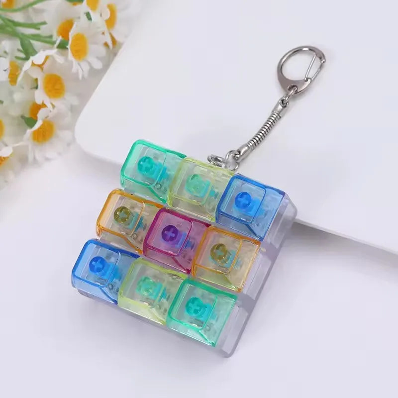 DIY LED Keyboard Fidget Keychain 9 Keys Clicker Button Stress Relief Key Chain for Adult Office Desk Finger Exercise Keycap