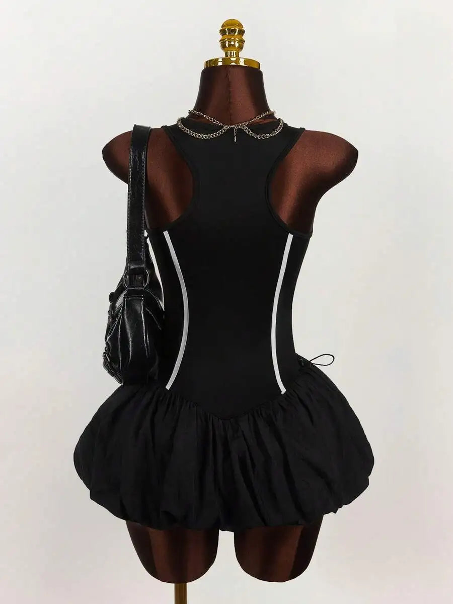Black Ruched Mini Dress With White Stripe And Ribbon Tie Detail