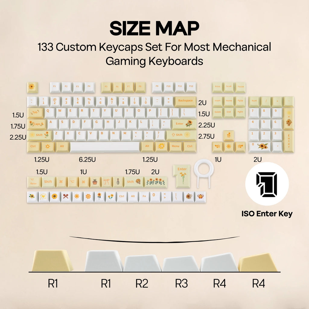 EPOMAKER Sunflower Keycaps Set 133 Cherry Profile Dye-Sub PBT Keys for Mechanical Gaming Keyboard with Front Printed Legends