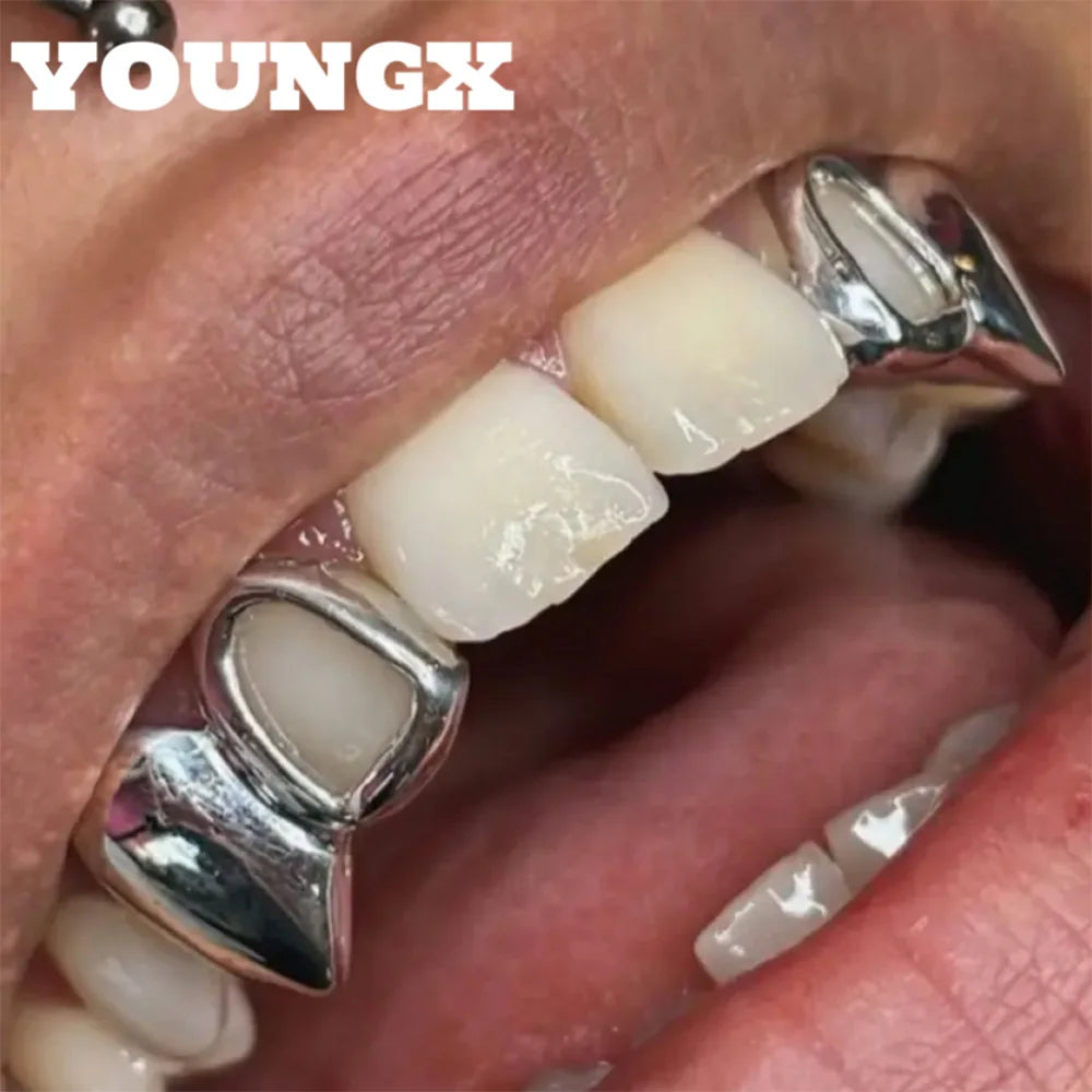 YOUNGX Hip Hop Double Hollow Glossy Tooth Caps For Women Men Jewelry Vintage Mouth Teeth Grills Halloween Vampire Cosplay Gift