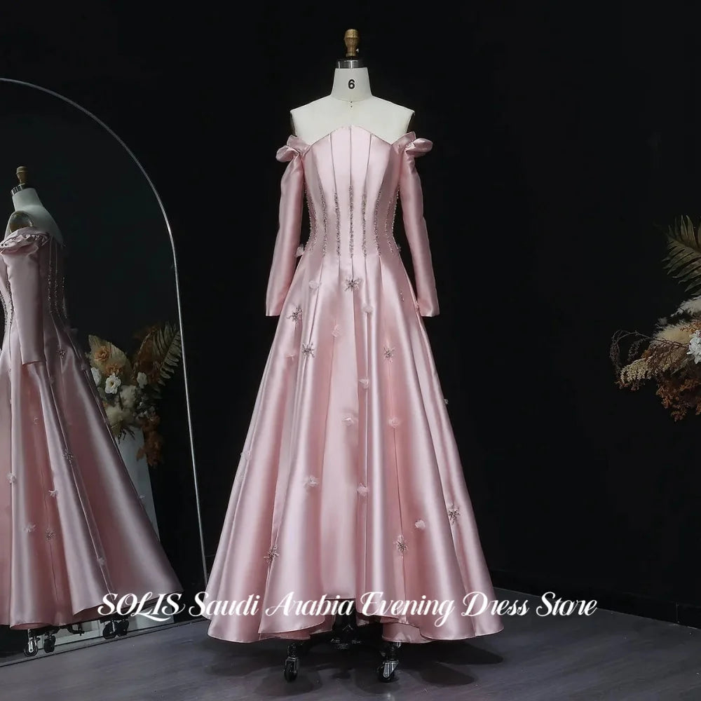 SOLIS Sage Green Prom Dress Long Puff Sleeve Evening Dress with Beaded Corset 3D Appliqué Satin A-Line Party Dress Customized