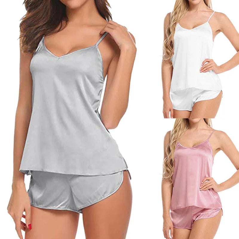Women V Neck Lace Sleeveless Camisole Vest Loose Shorts Solid Color Simple Summer New Style Comfortable Daily Casual Home Wear