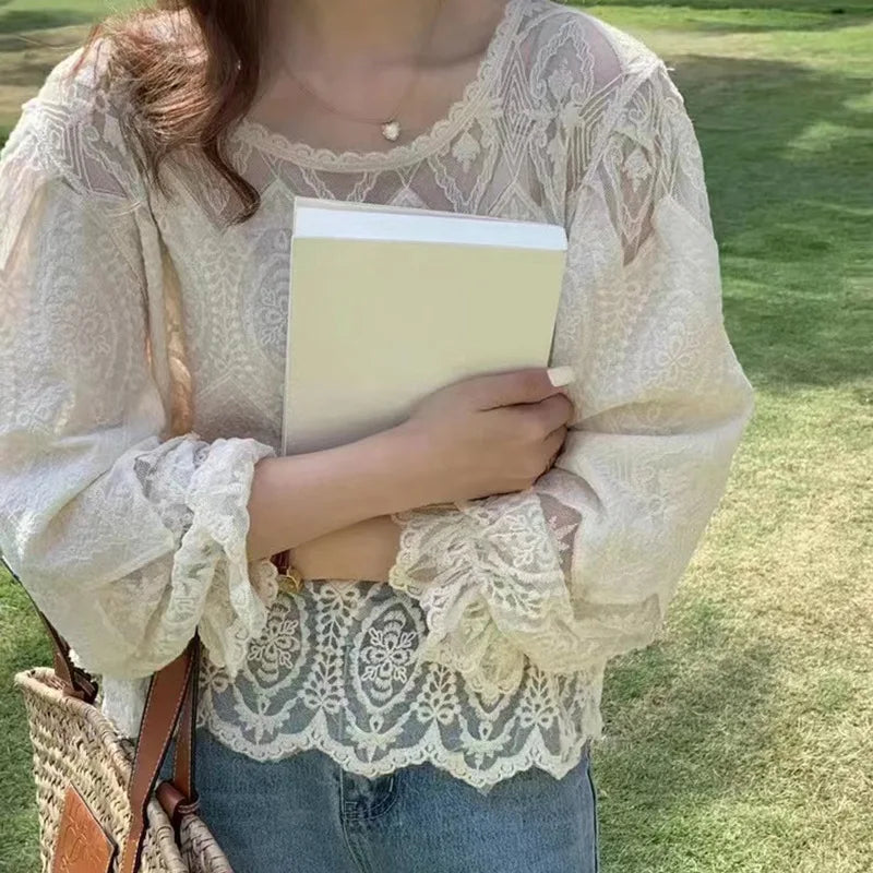 Women's Elegant Lace Blouse, Round Neck 3/4 Sleeve Ruffle Cuff Sheer Embroidered Top, Casual Daily Vacation Wear