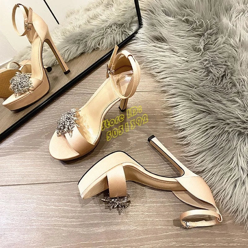 Platform Satin Nude Black Crystal Sandals Open Toe Ankle Buckle Strap Thin High Heel Runway 2026 Summer Spring Women Dress Shoes