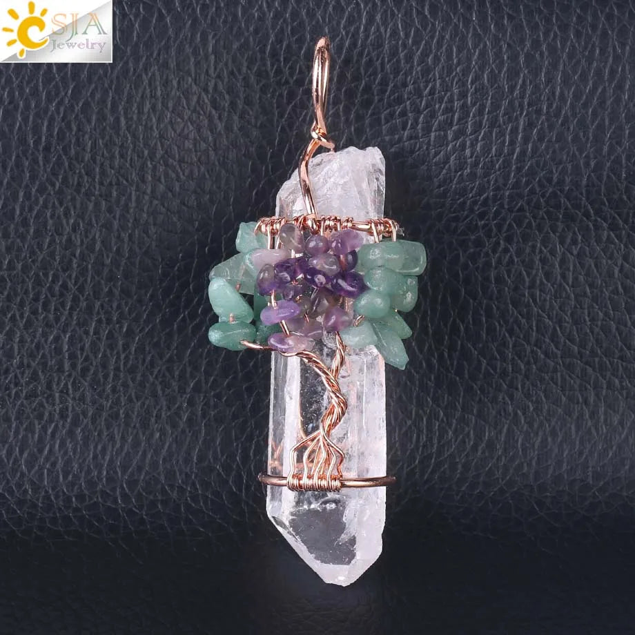 Natural Gem Stone Rock Crystal Pendant Reiki Chakra Tree of Life Handmade Wire Wrapped Clear Quartz Pendant for Necklace F517