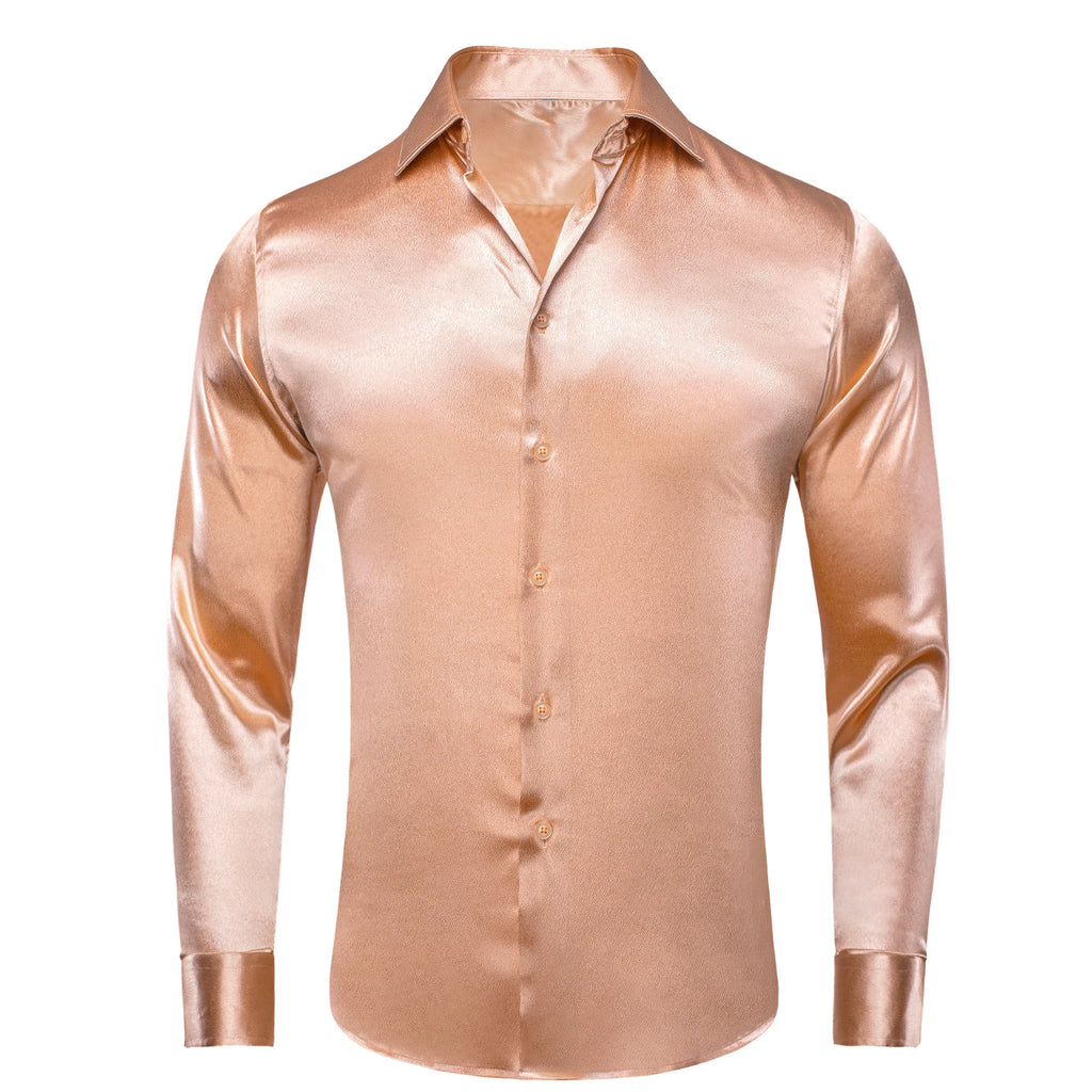 Hi-Tie Plain Satin Silk Mens Dress Shirts Long Sleeve Suit Shirt Casual Formal Blouse Pure Solid Rose Gold Peach Pink Mint White