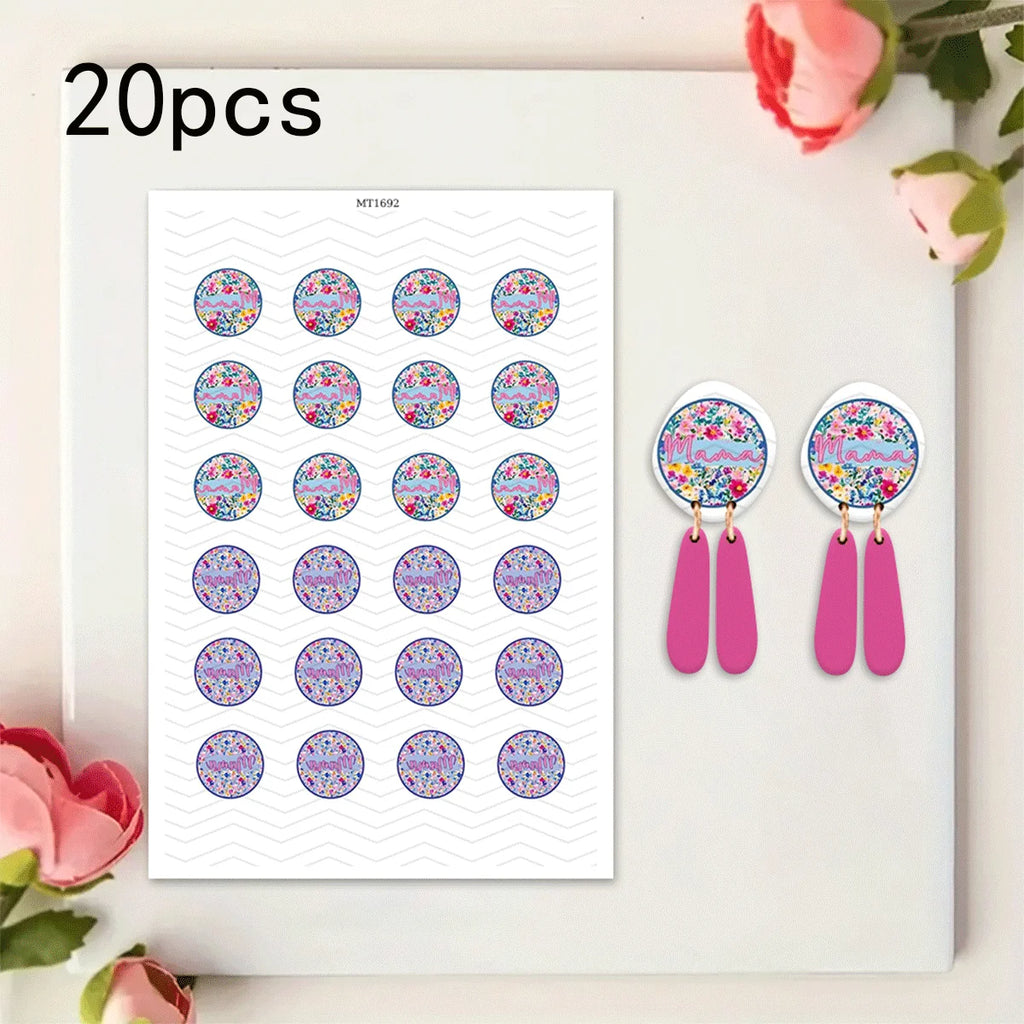 20pcs Mother's Day Themed Transfer Paper for Polymer Clay-Floral Mama Print Water Transfer Sheets for DIY Clay Earrings & Crafts