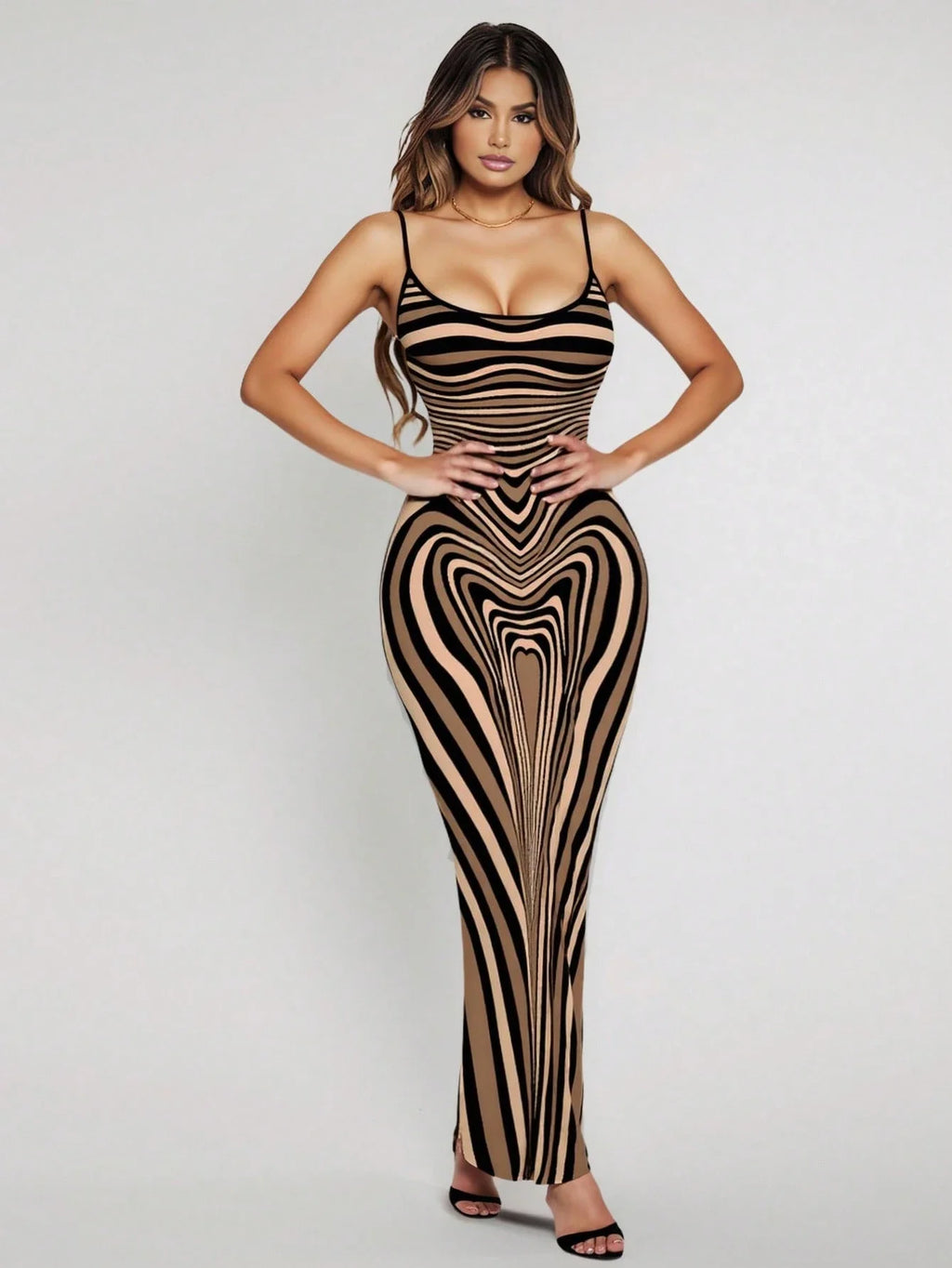 Curve-Hugging Maxi Dress With Black And Beige Optical Illusion Stripes For Women