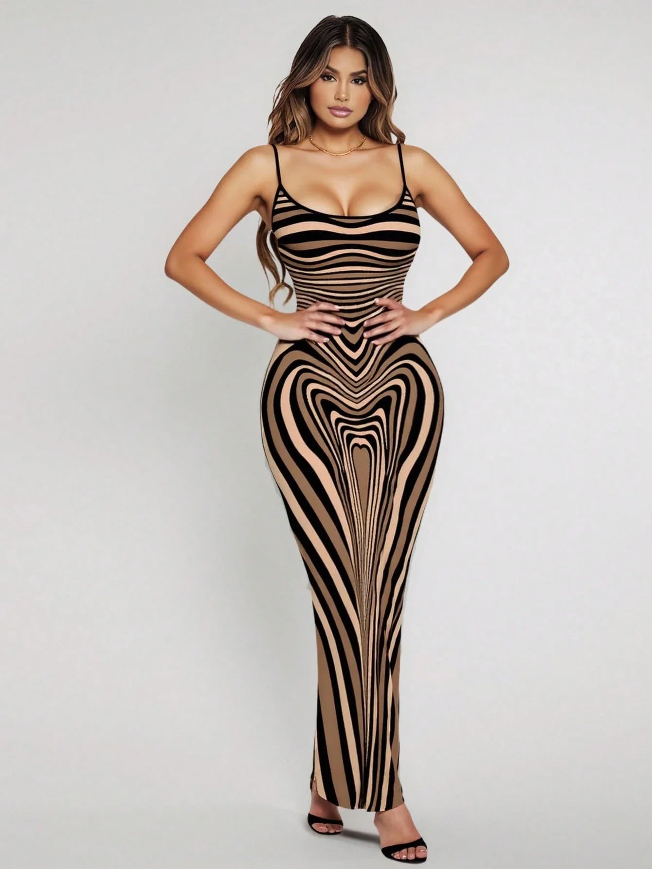 Curve-Hugging Maxi Dress With Black And Beige Optical Illusion Stripes For Women