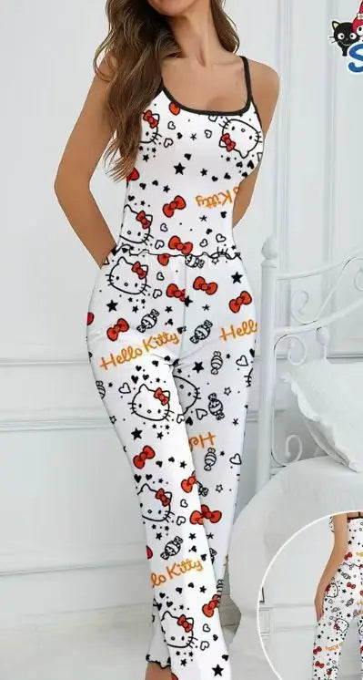 2pcs Sanrio Hello Kitty Pajama Set Features A Women'S Halter Neck Top with An Off The Shoulder Style and Black Pants