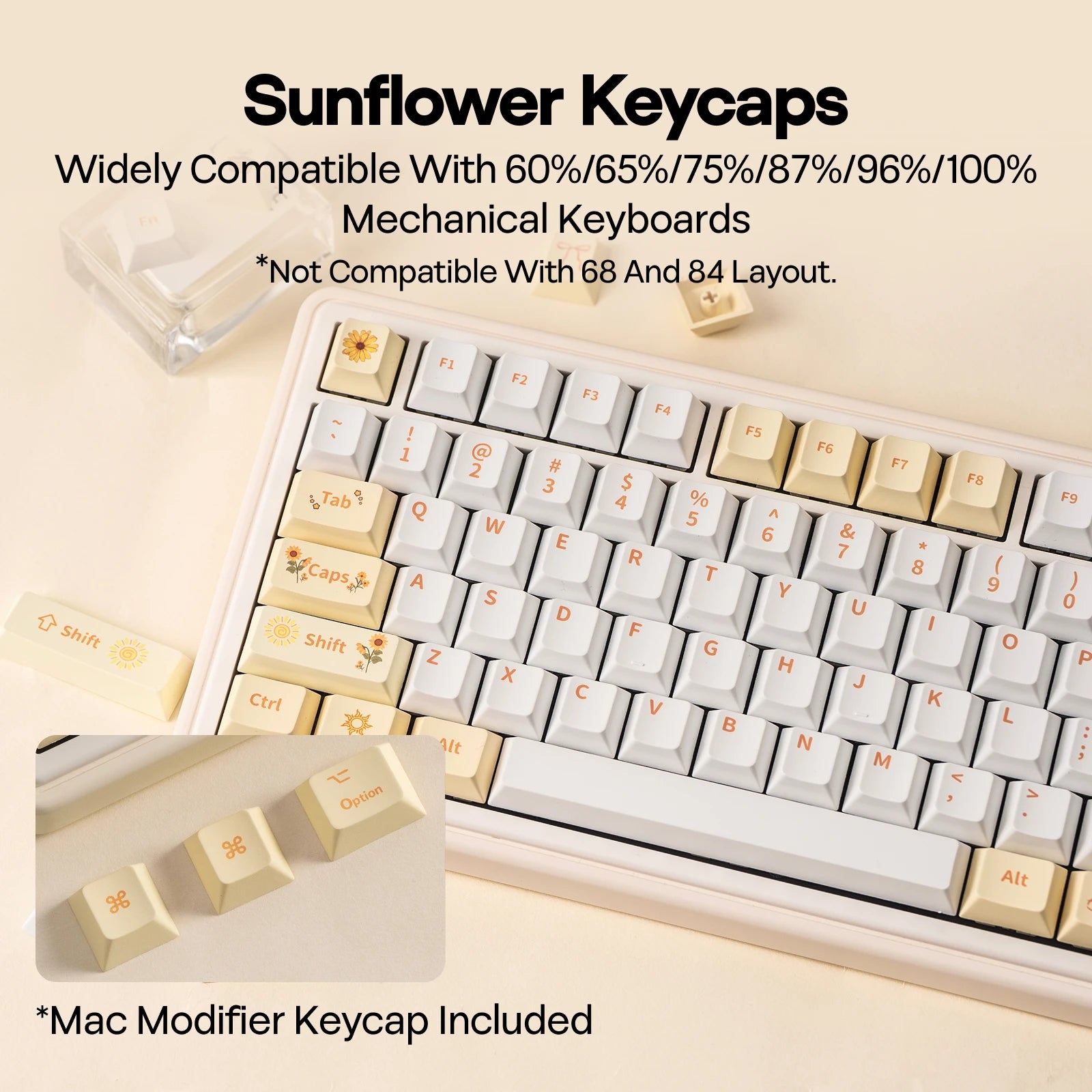 EPOMAKER Sunflower Keycaps Set 133 Cherry Profile Dye-Sub PBT Keys for Mechanical Gaming Keyboard with Front Printed Legends