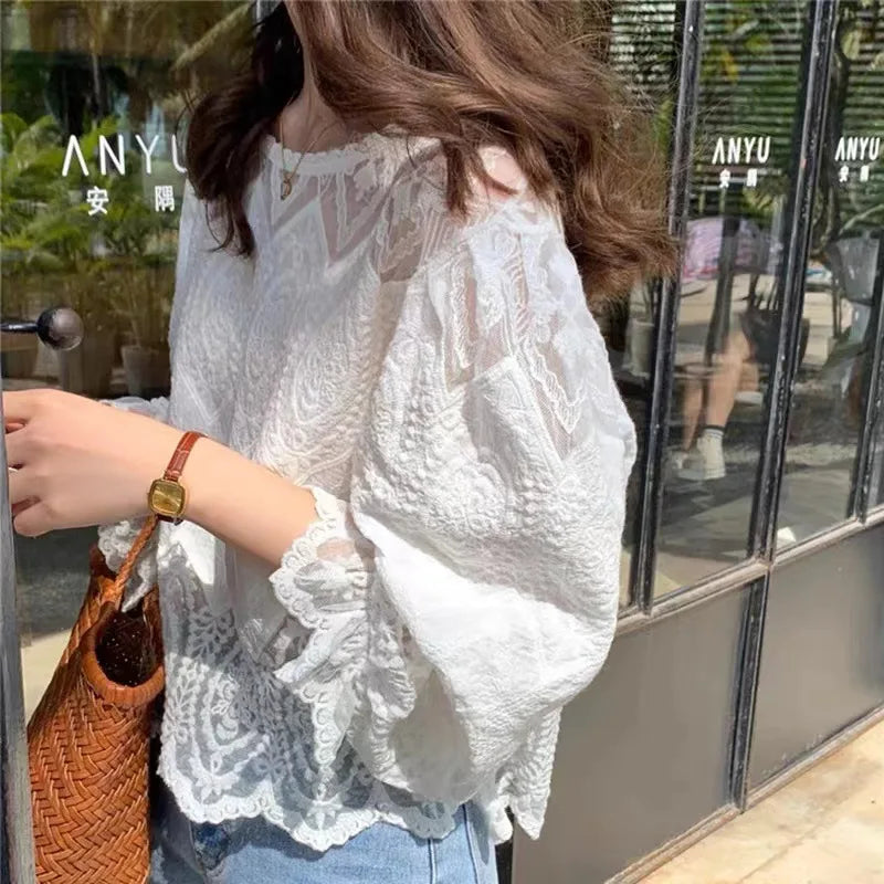 Women's Elegant Lace Blouse, Round Neck 3/4 Sleeve Ruffle Cuff Sheer Embroidered Top, Casual Daily Vacation Wear