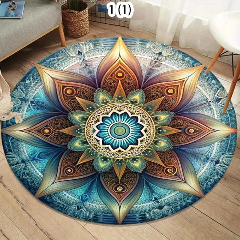 Colorful 2D Mandala Mystery Chakra Print Round Rug Meditation and Yoga Machine Washablefor Bedroom and Living Room  Home Rug
