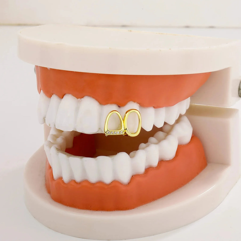 Iced Out Zircon Double Hollow Teeth Grillz Braces Hip Hop CZ Stones Tooth Caps For Women Men Jewelry Cosplay Gift