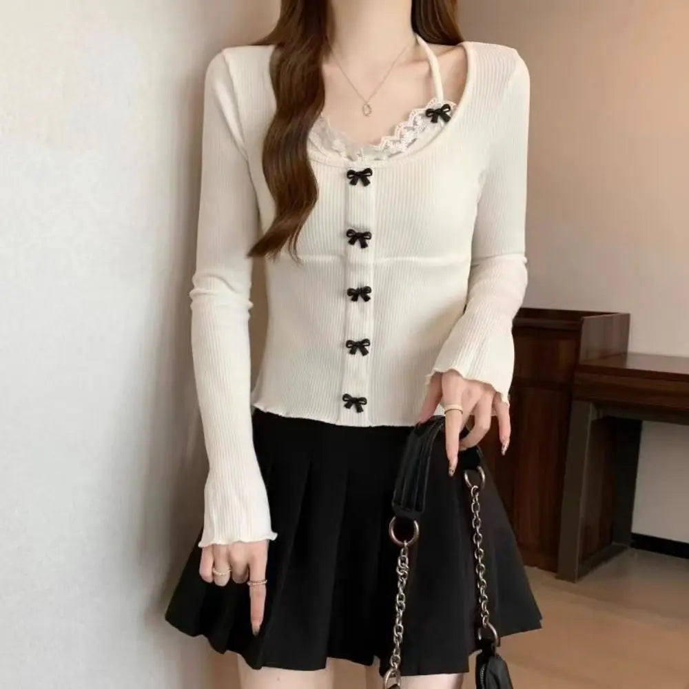 Lace Tied Up Long Sleeved T Shirts Slim Fit Thin Strap Y2k Slim Neck Hanging Tank Top Korean Style Female Top