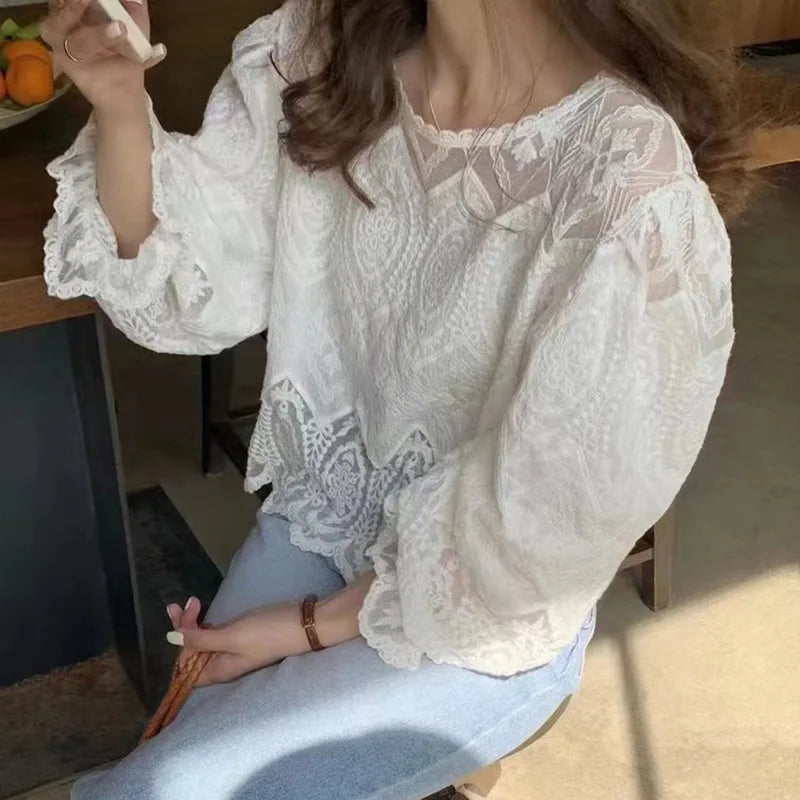Women's Elegant Lace Blouse, Round Neck 3/4 Sleeve Ruffle Cuff Sheer Embroidered Top, Casual Daily Vacation Wear