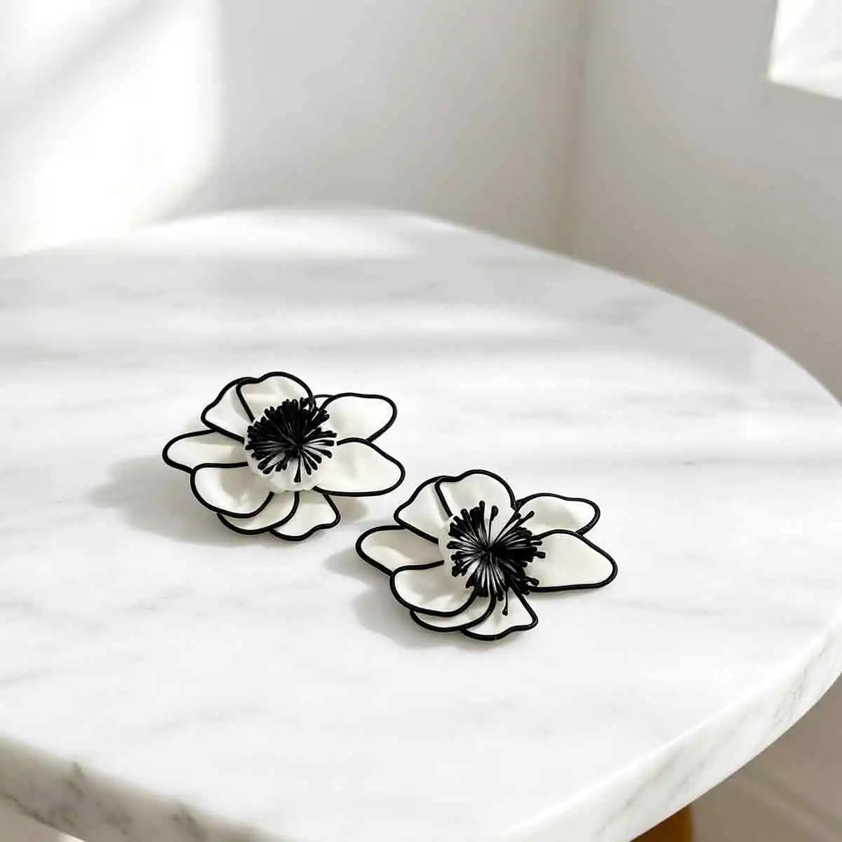 Elegant Black White Fabric Flower Earrings with Handmade Charms for Women French Style and Formal Occasion