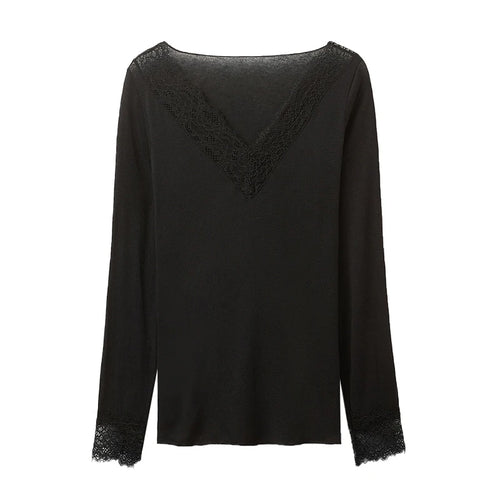 2026 Spring/Autumn Lady Fashion Inner Wear Casual V Neck Lace Trim Top Women's Solid Full Sleeve Underwear Shirt for Layering