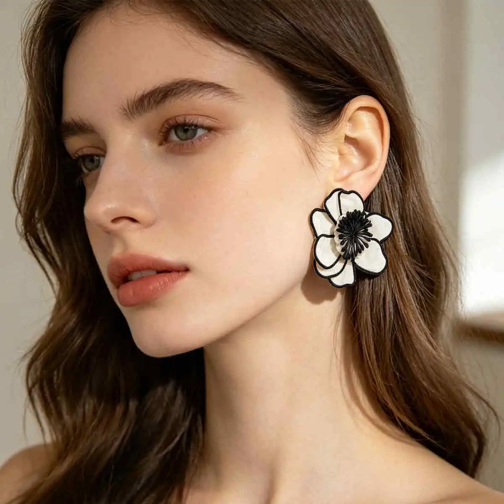 Elegant Black White Fabric Flower Earrings with Handmade Charms for Women French Style and Formal Occasion