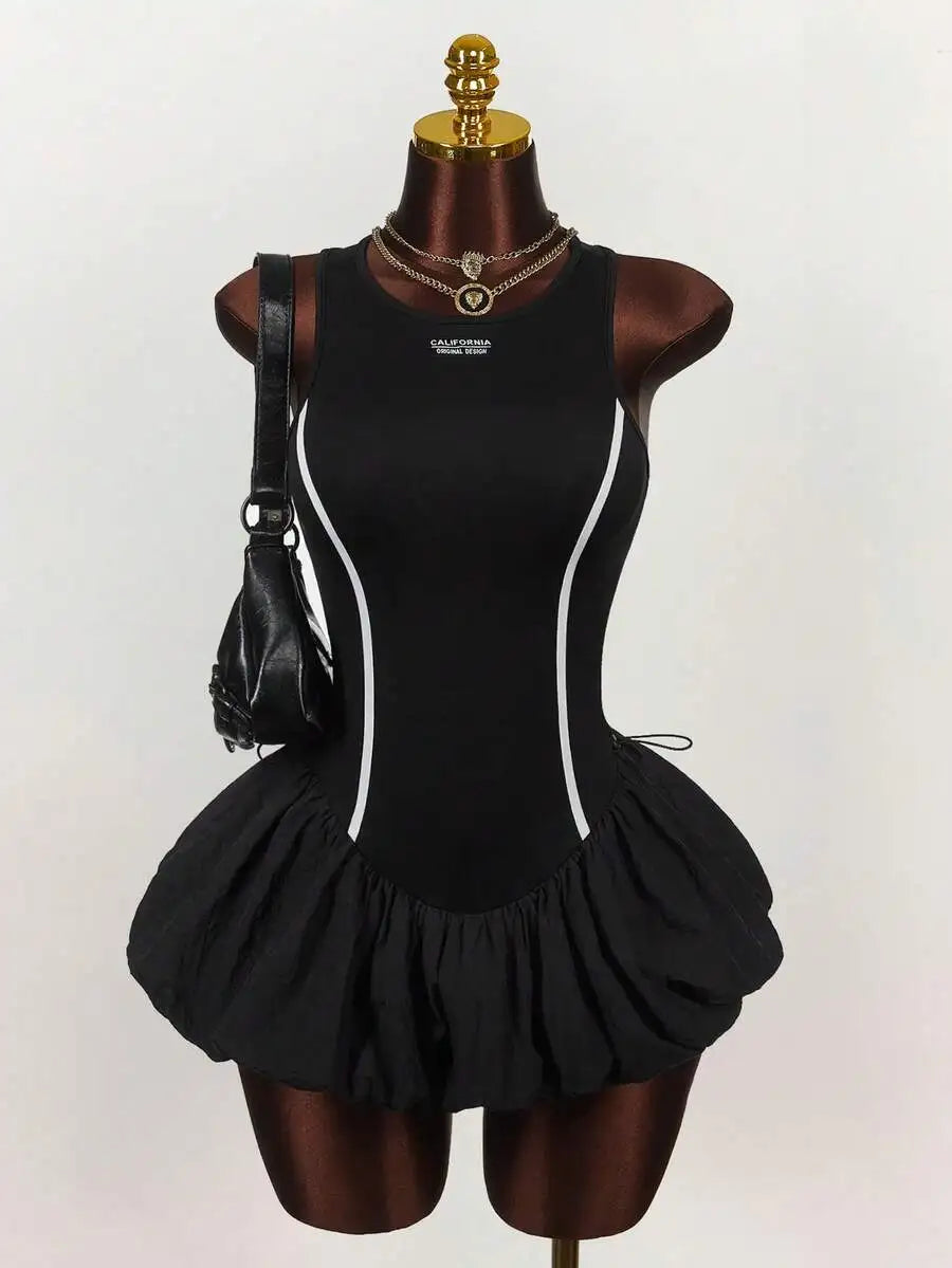 Black Ruched Mini Dress With White Stripe And Ribbon Tie Detail