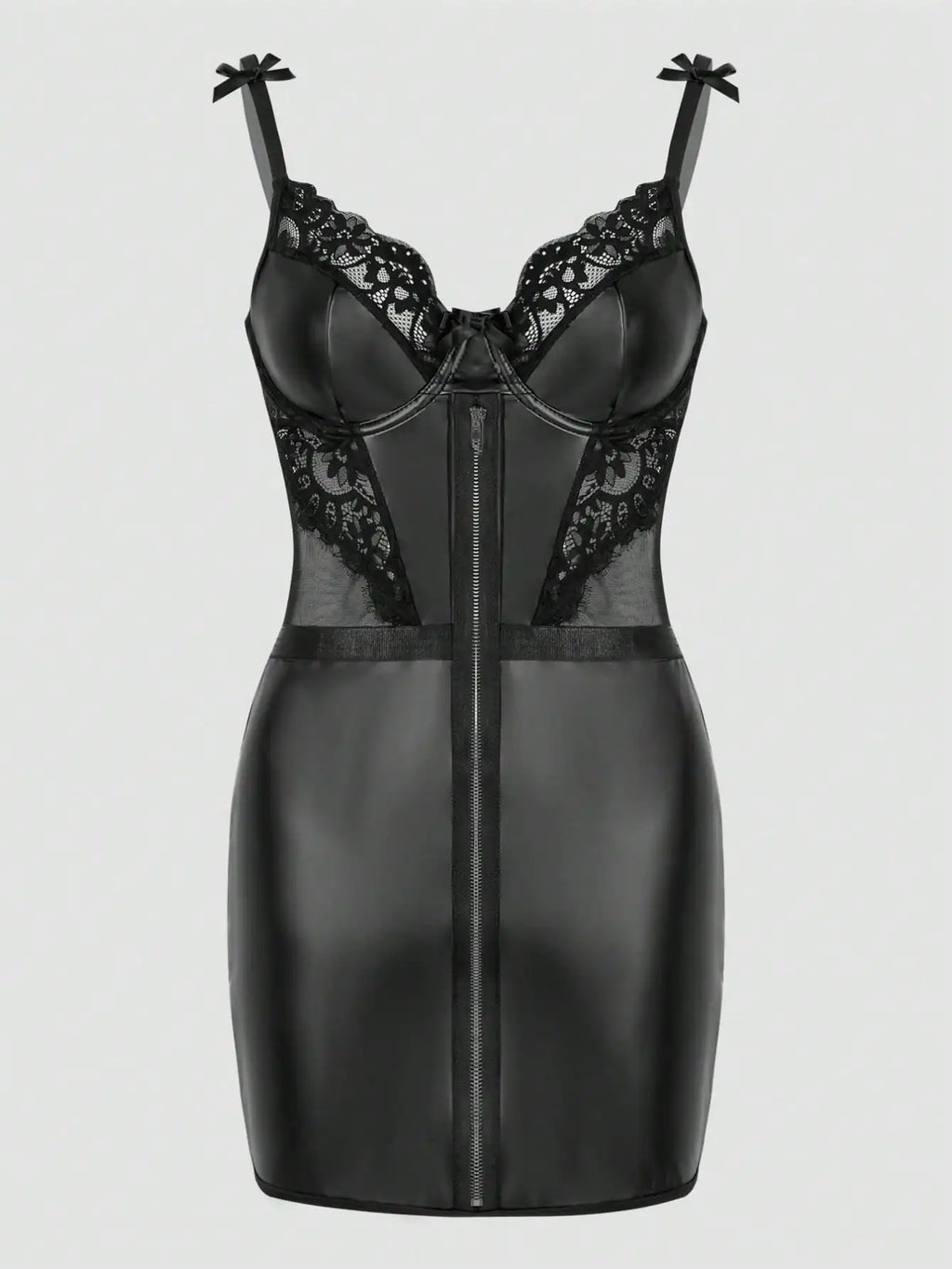 Black PU Leather Lace Trim Zip-Front Corset Dress with Bow Straps