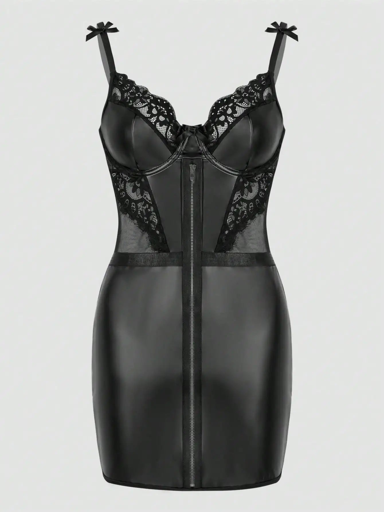 Black PU Leather Lace Trim Zip-Front Corset Dress with Bow Straps