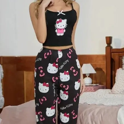 2pcs Sanrio Hello Kitty Pajama Set Features A Women'S Halter Neck Top with An Off The Shoulder Style and Black Pants