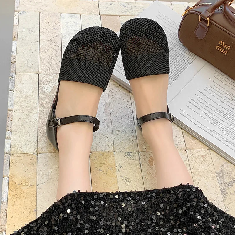 2025 New Spring Summer Mesh Sandals for Women Fashion Flat Low Heel Pumps Round Toe Ankle Strap Sandals Casual Dress Shoes Black