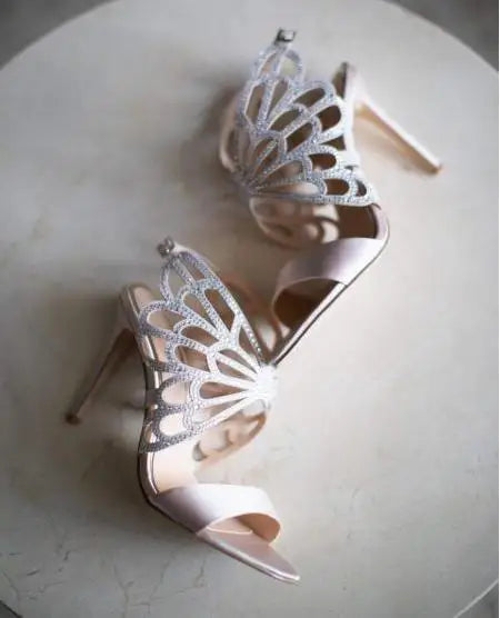 Women's Crystal Butterfly Elegant Satin Sandals Real Leather Comfy Bride High Heels Luxury Design Black champagne Wedding Shoes