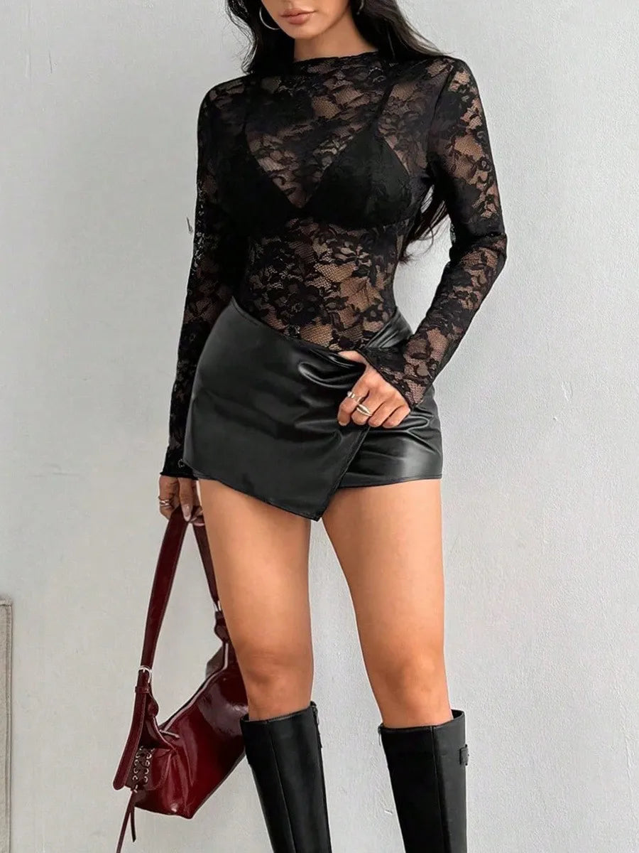 Fall Women's Clothing Long Sleeve Lace Blouse Slim Fit Sheer Rose Jacquard Neck Elegant Vintage Style
