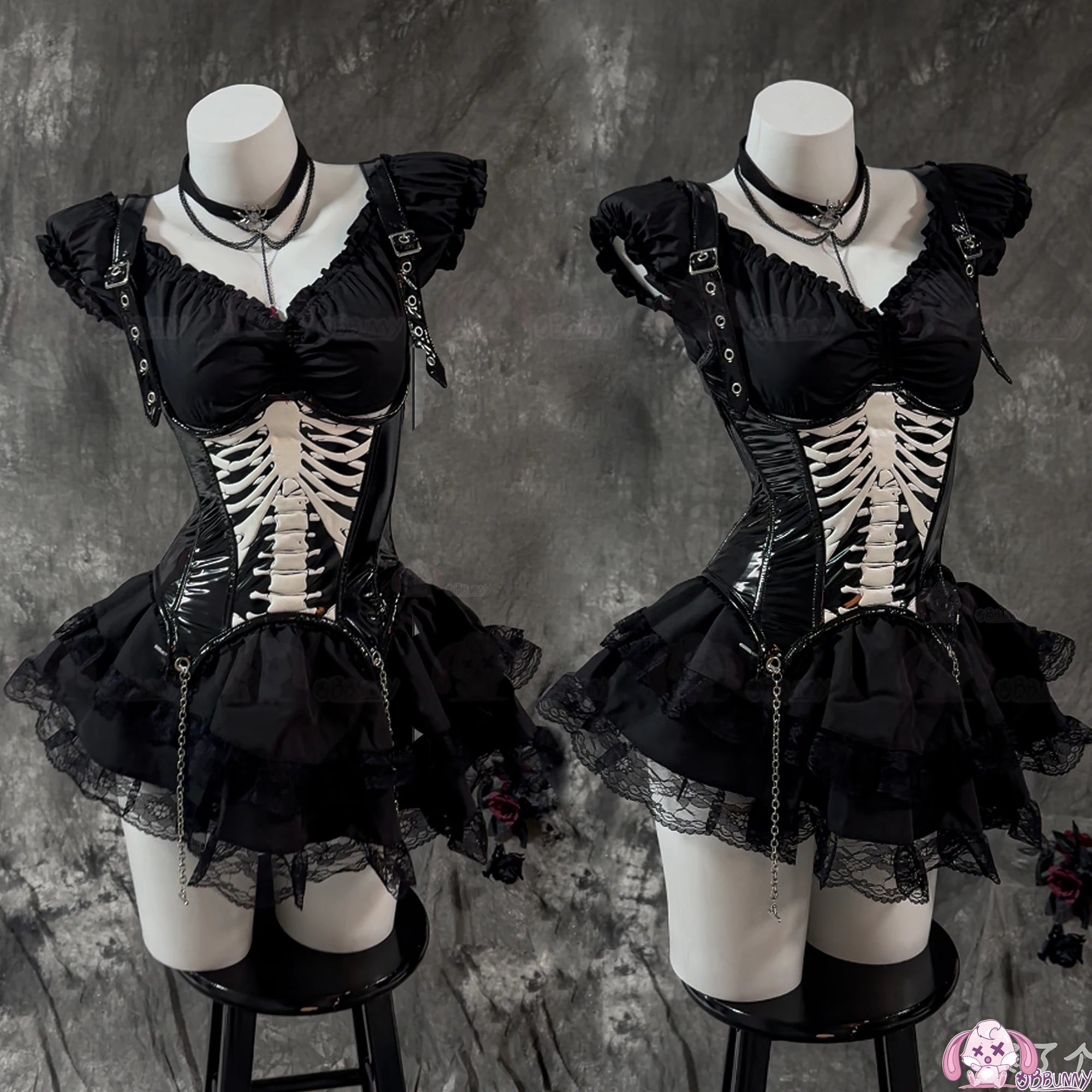 Halloween Gothic Skull Short Dress Cosplay Lolita Punk Steampuff Black Corset Outfit Jirai Kei Halloween Christmas Costume Anime