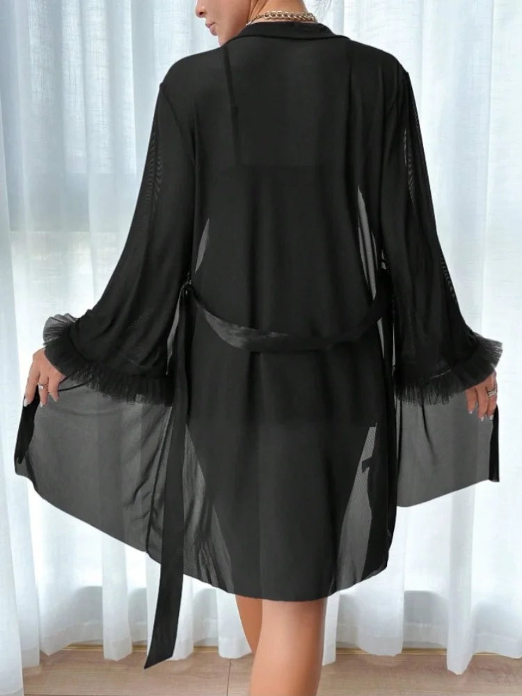 Women 3 Piece Red Sexy Lace Robe Sheer Temptation Lingerie Set Black Slip Dress With Gauze Coat and Belt Erotic Sleepwear Suit
