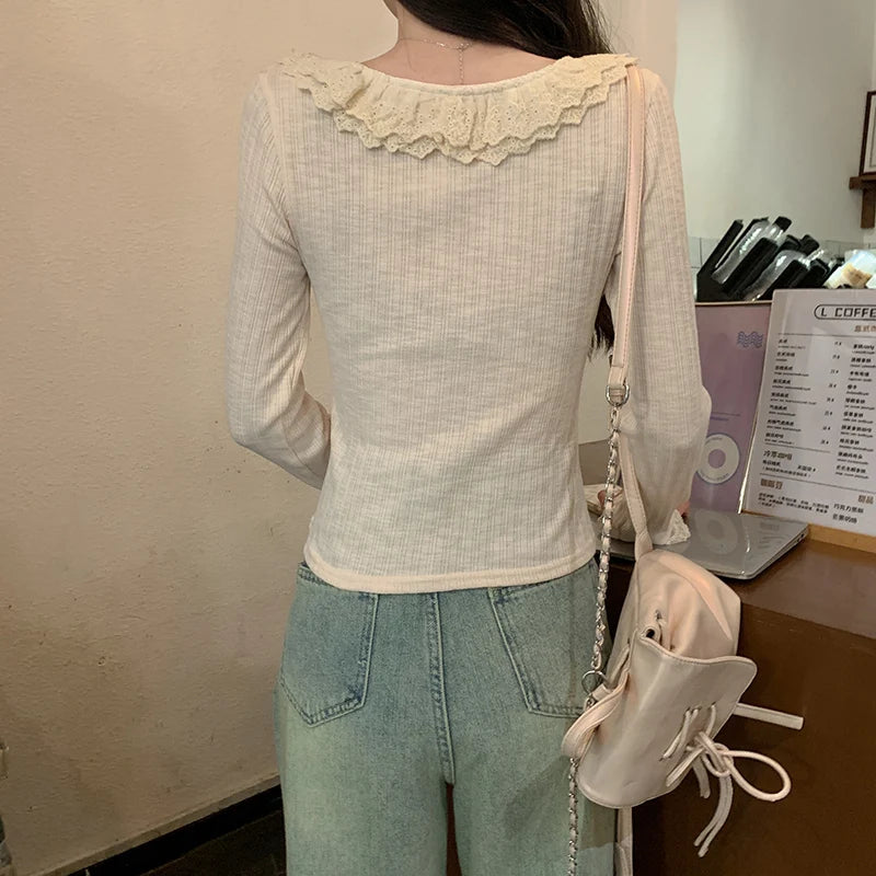 Women's 2026 Spring Autumn New Sweet Cute Lace Thin Short Slim Fit Crew Neck Long Sleeve T Shirt Base Top
