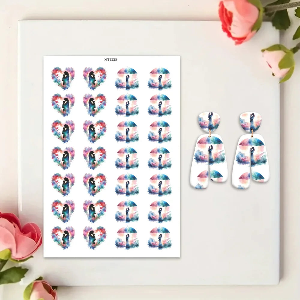 Mother's Day Gift Clay Transfer Paper - 20pcs Watercolor Mom Silhouette Water Transfer Decals for Handmade Earrings