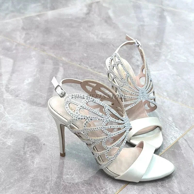 Women's Crystal Butterfly Elegant Satin Sandals Real Leather Comfy Bride High Heels Luxury Design Black champagne Wedding Shoes
