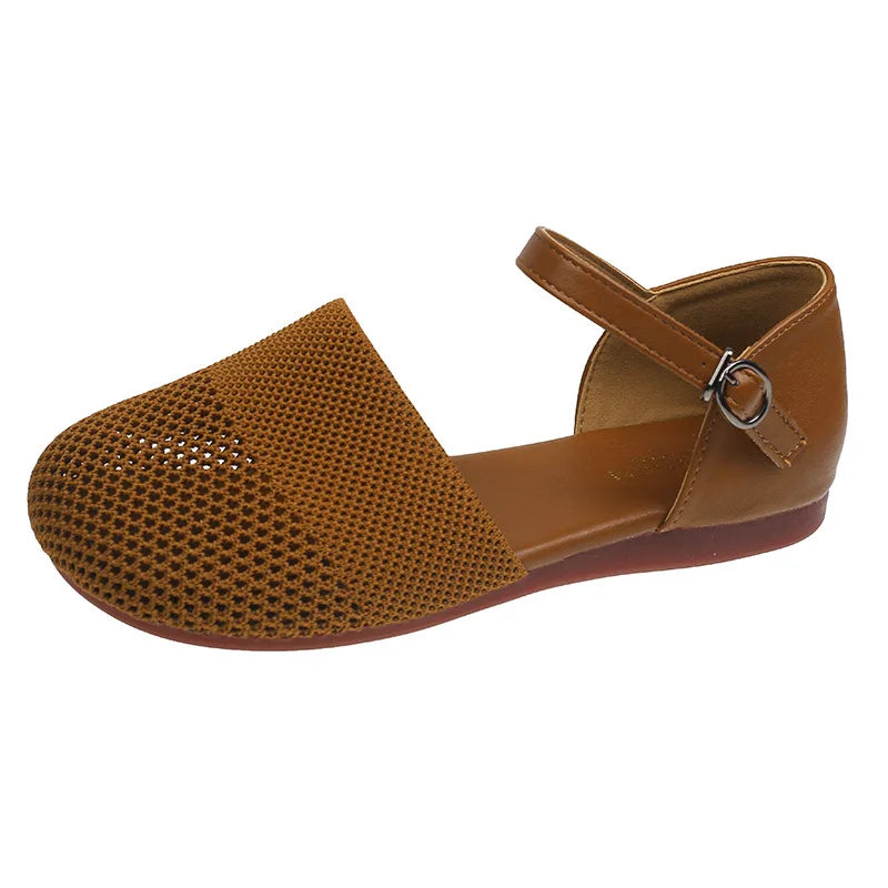 2025 New Spring Summer Mesh Sandals for Women Fashion Flat Low Heel Pumps Round Toe Ankle Strap Sandals Casual Dress Shoes Black