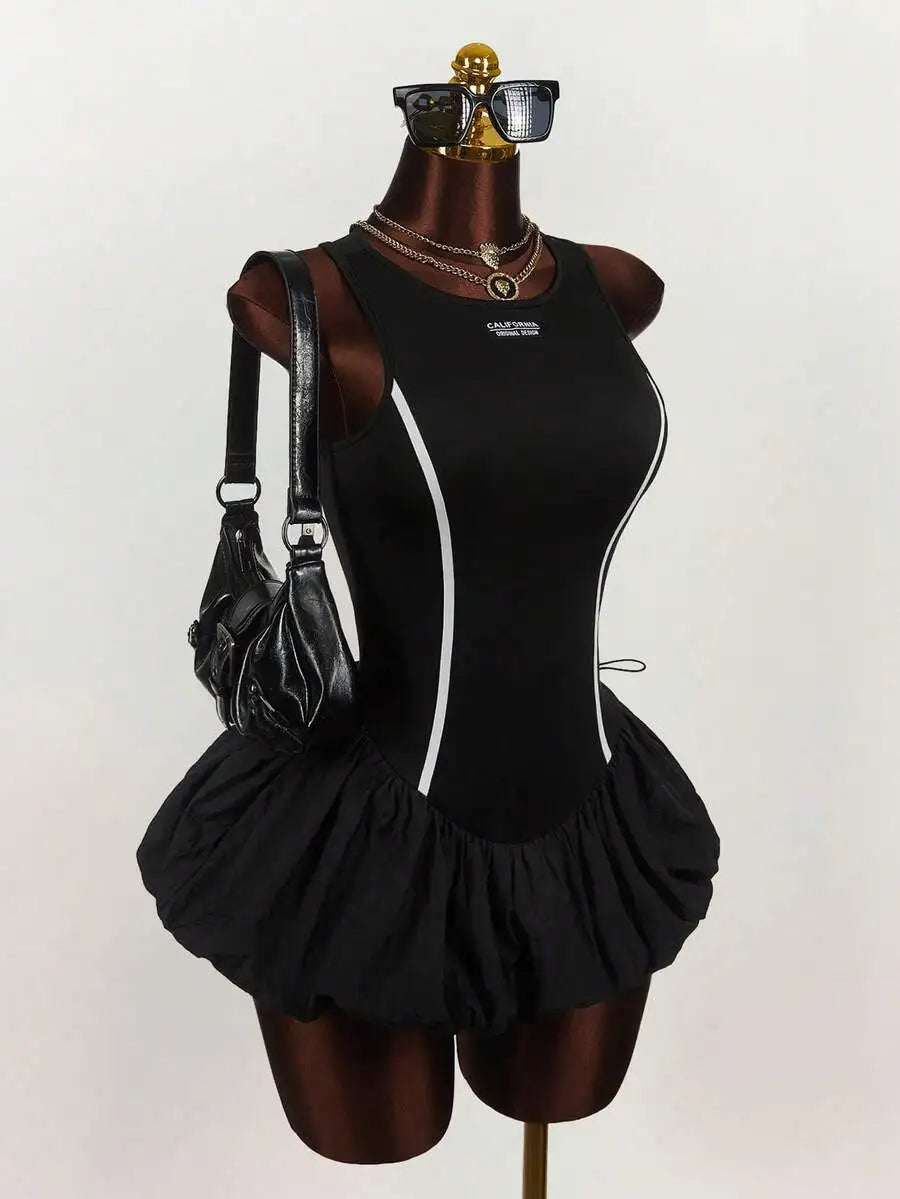 Black Ruched Mini Dress With White Stripe And Ribbon Tie Detail